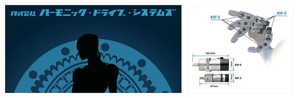 志城實業 Harmonic Drive 諧波減速機 2024–2026 年的產業演變，圖 3：人形機器人（左）與機器手指關節用的超小型減速機 RSF 3／RSF 5（右）